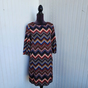 Cato Women's Aztec Zigzag Sheath Dress Round Neck 3/4 Sleeve Lined Shift Sz S